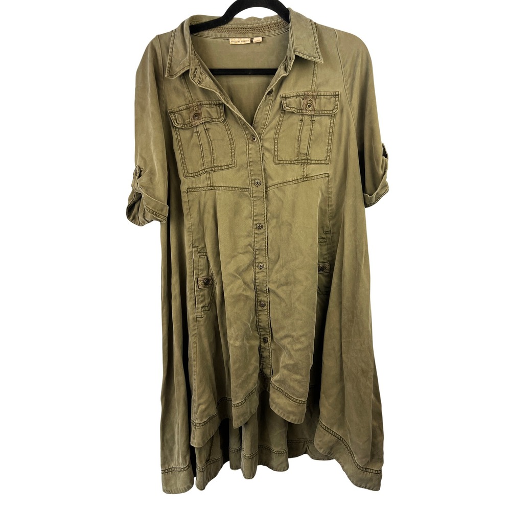 Anthropologie Holding Horses Olive Green Button Front Hi-Lo Shirt Dress SZ12P